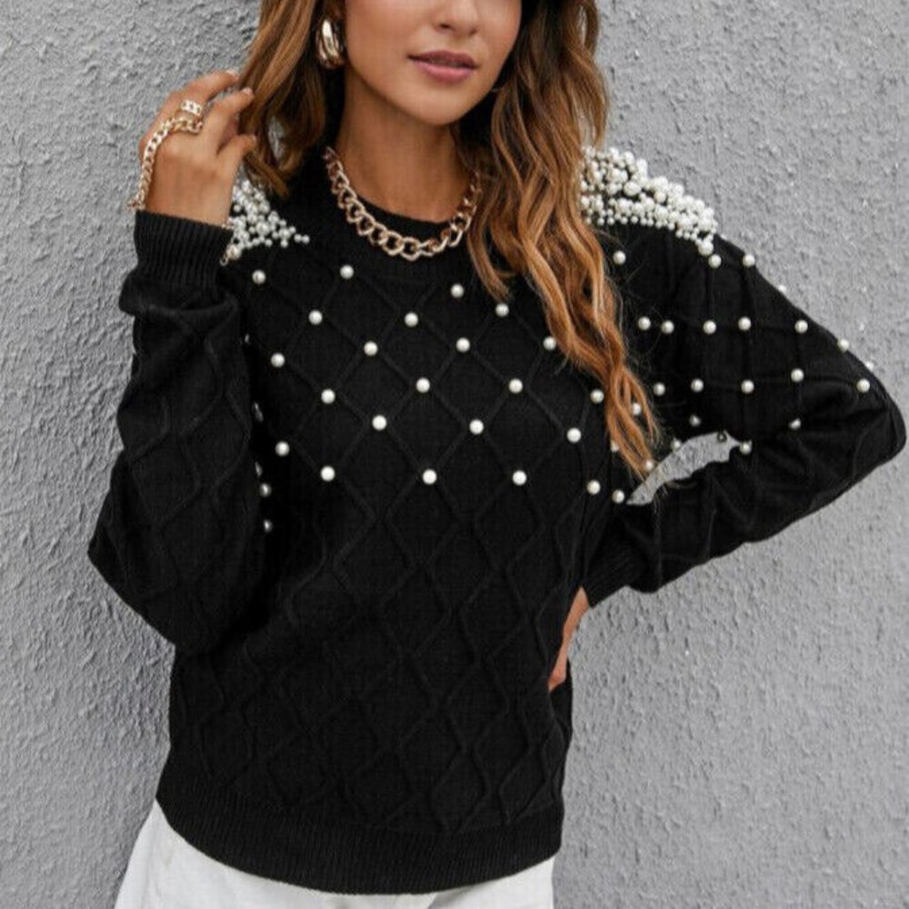 Black Solid Pearl Knit Sweater NEW fancy elegant goth Fall Fashion Size xl 12